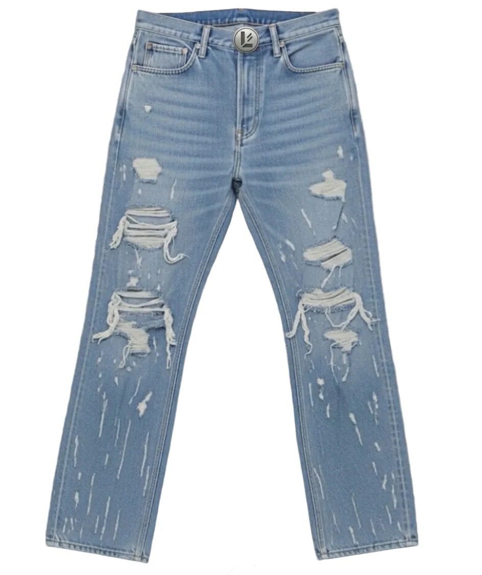 Light blue distressed denim jeans with heavy ripped details and white paint splatter accents, laid flat on a gray cracked pavement background.