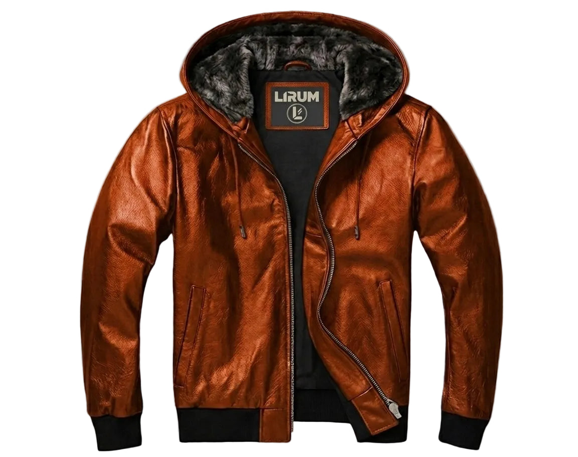A metallic copper-brown leather hooded jacket with a black faux-fur lined hood, black ribbed cuffs and hem, and a black inner lining, shown against a solid gray background.