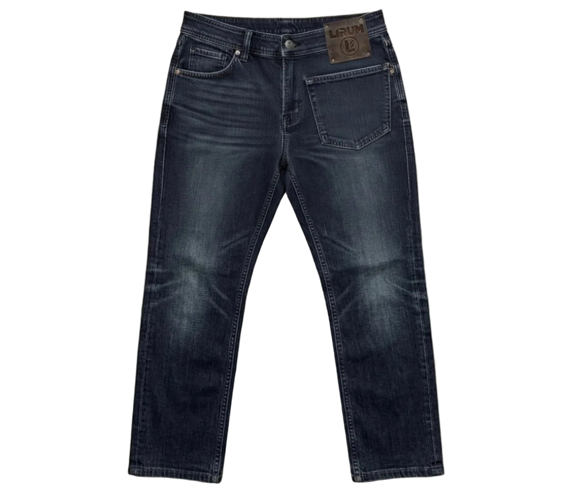 A pair of dark blue denim jeans with whiskering and fading, laid flat on a light brown wood floor. The brand name 'LIPUN' is visible on the brown leather patch at the back waistband.