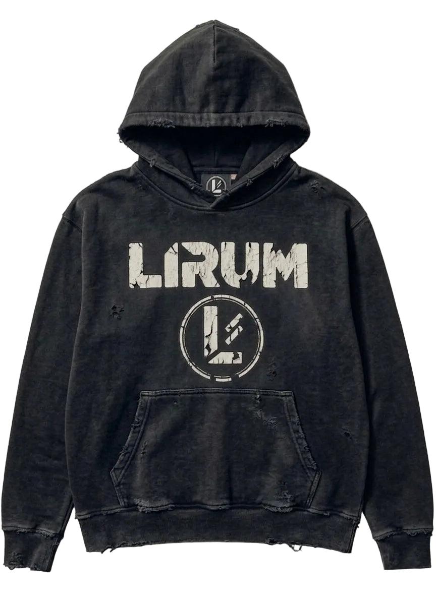 A black acid-wash hoodie featuring a distressed white graphic print of the band LIRUM on the front, displayed against a solid white background.