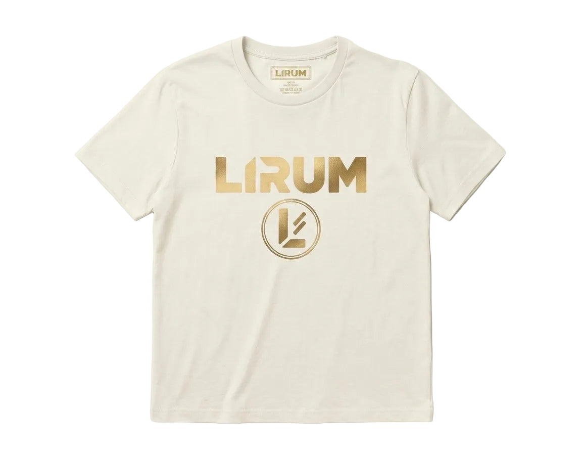 An off-white short-sleeve crewneck t-shirt with a metallic gold 'LIRUM' logo and circular emblem printed on the chest, displayed flat against a matching off-white background.