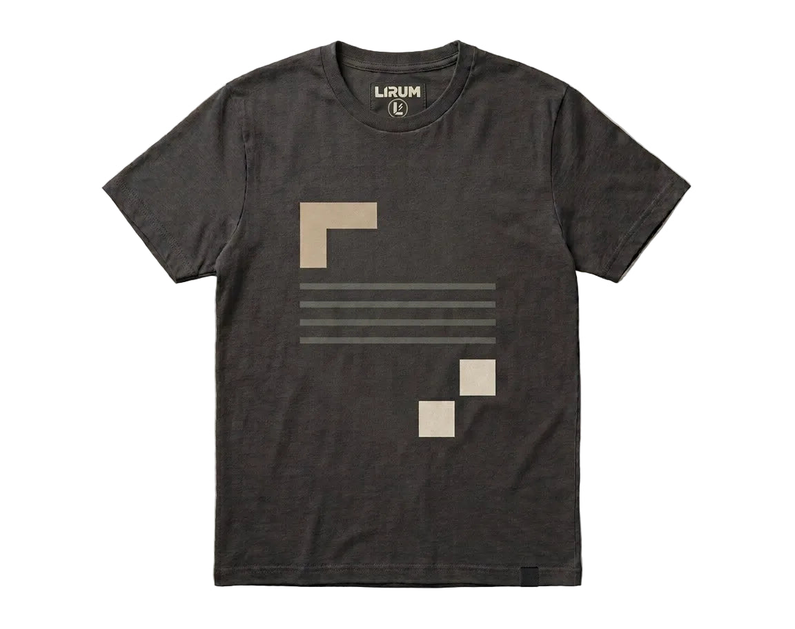 A dark charcoal gray heathered t-shirt with a minimalist geometric graphic on the front featuring beige blocks and horizontal stripes, displayed flat against a white background.