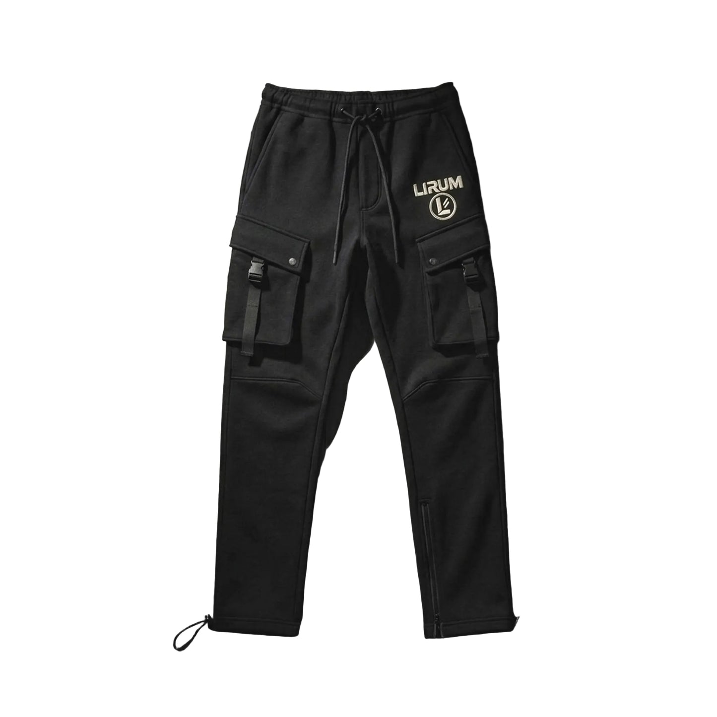 Black cargo sweatpants with side flap pockets, a drawstring waist, and a white 'URUM' logo on the left thigh, displayed flat against a dark wood plank background.