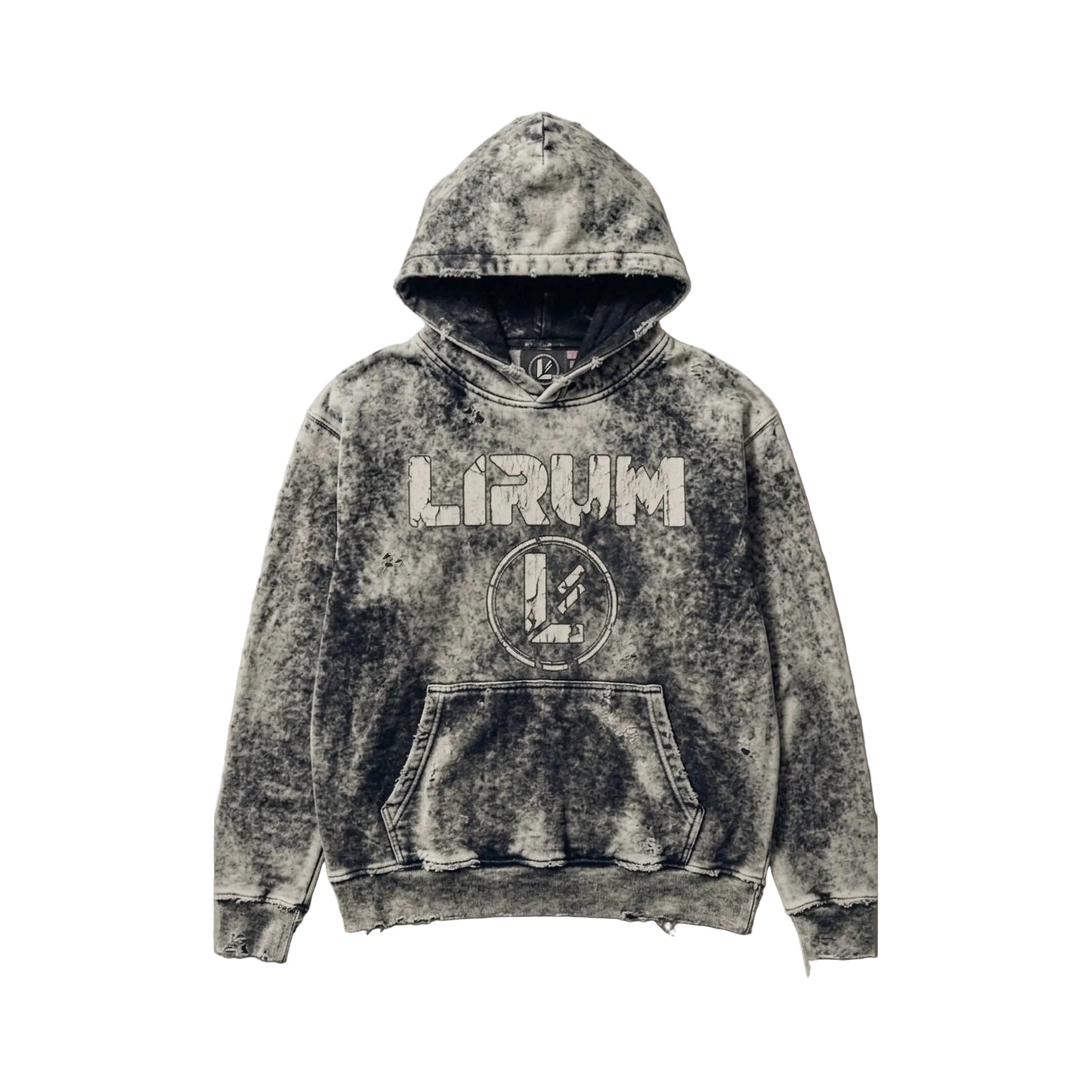 A hooded sweatshirt with a mottled black and gray mineral-wash or acid-wash finish, featuring the word 'LIRUM' and a circular graphic printed on the chest, displayed against a neutral gray background.