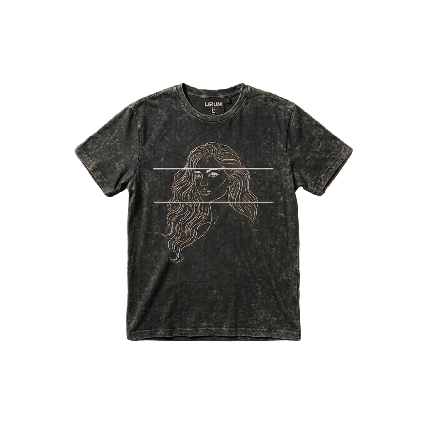 A dark gray acid-wash graphic t-shirt featuring a stylized line art illustration of a woman's face and hair, overlaid with two horizontal white lines. The shirt is laid flat on a textured brown background.