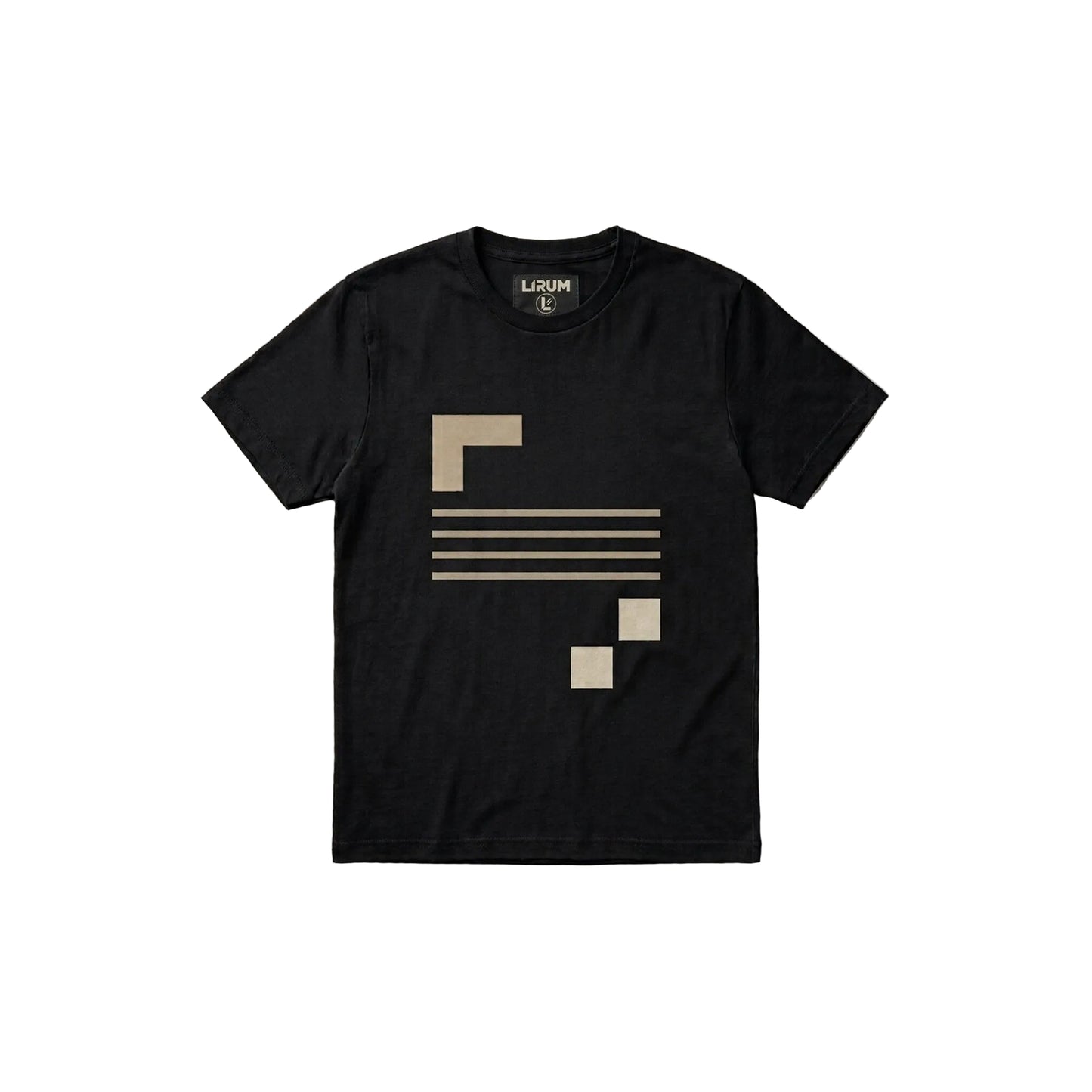 A black short-sleeve crewneck t-shirt with a beige geometric graphic print on the front, laid flat against a textured beige background. The brand name 'LIQUID GC' is visible on the inner neck label.