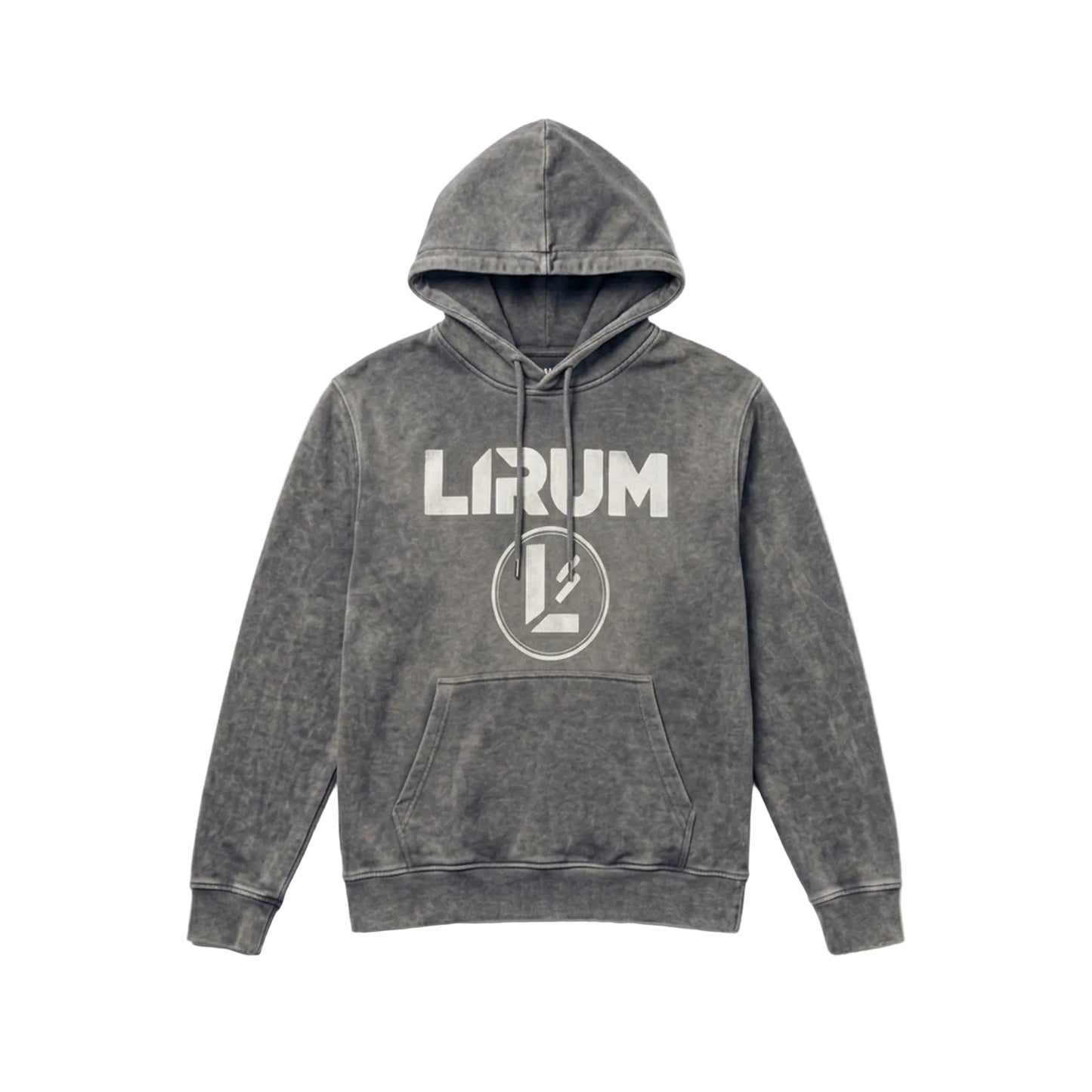 A dark gray acid-wash pullover hoodie with a white 'LIRUM' brand logo printed on the chest, displayed against a clean white background.