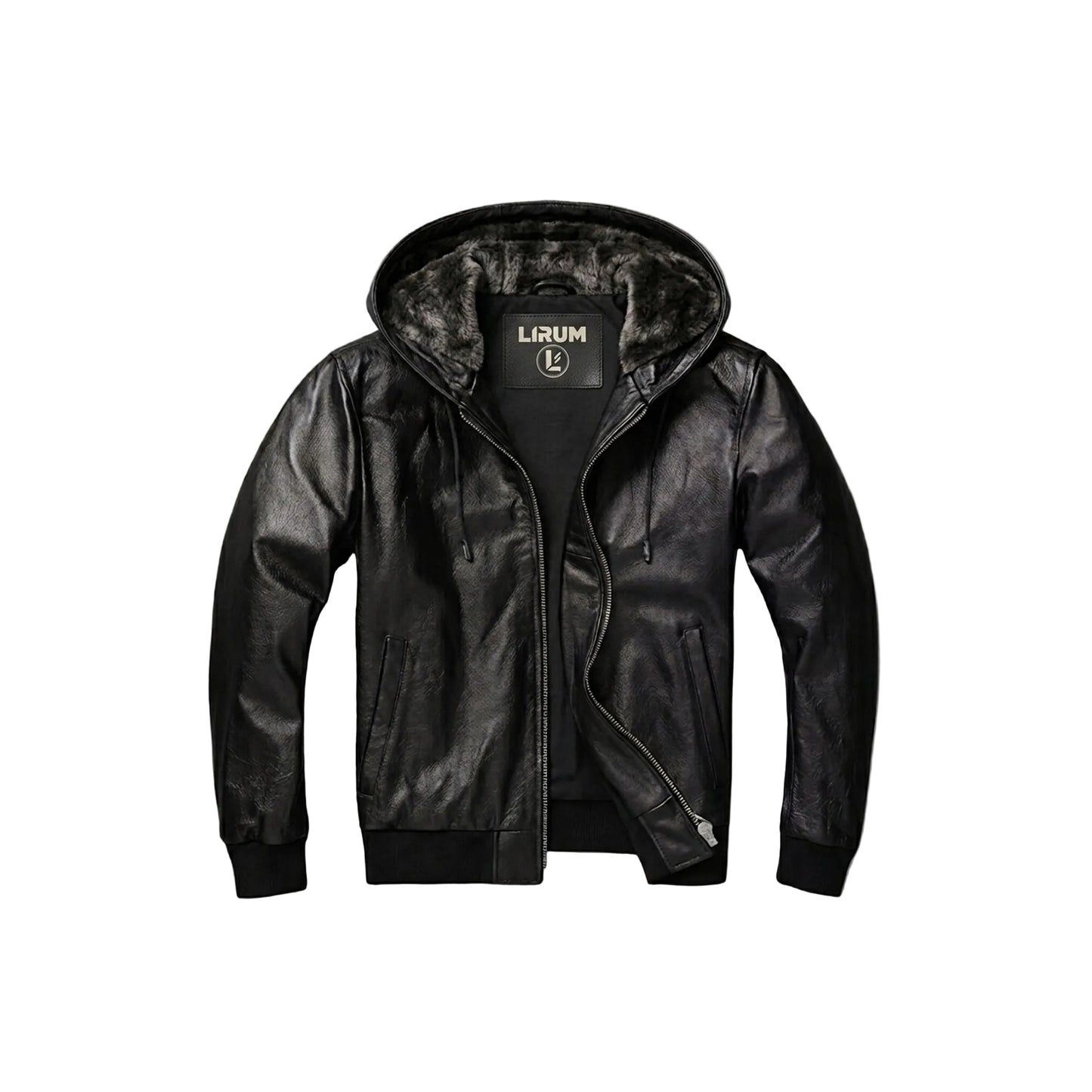 A black faux-leather hooded jacket with a plush faux-fur lined hood, shown flat against a solid gray background. The brand name 'LIRUM' is visible on the inner neck label.